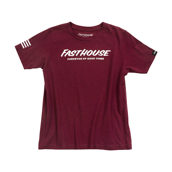 High-resolution studio image of Fasthouse Logo Tee Maroon (Youth); showing tee fit, printed graphics, and crew neckline; SKU 32164740; Colors: Maroon