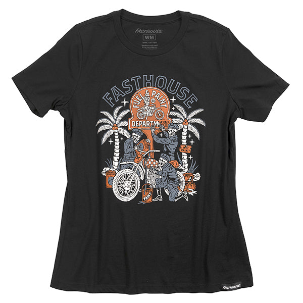 Professional studio photo of Fasthouse Macabre Tee (Womens); showing tee fit, printed graphics, and crew neckline; SKU 3216390074; Colors: Black, Pink