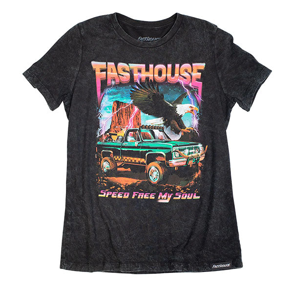 High-resolution studio image of Fasthouse Freedom Tee (Womens); showing tee fit, printed graphics, and crew neckline; SKU 32132200; Colors: Black