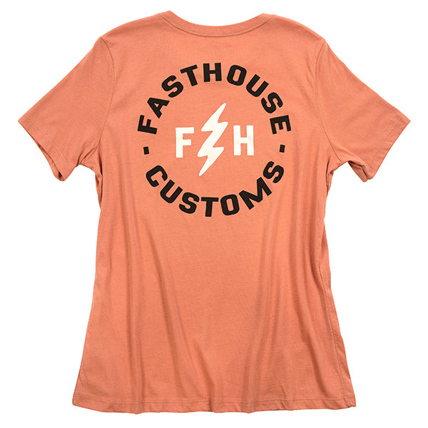 Clean studio shot of Fasthouse Easy Rider Tee (Womens); showing tee fit, printed graphics, and crew neckline; SKU 3216381474; Colors: Orange, Blue