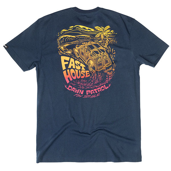 Professional studio photo of Fasthouse Explorer Tee; showing tee fit, printed graphics, and crew neckline; SKU 3211480204; Colors: Navy, Black