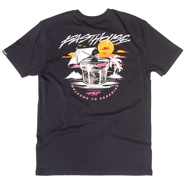 Clean studio shot of Fasthouse Hideout Tee; showing tee fit, printed graphics, and crew neckline; SKU 3211650504; Colors: Black, Natural; Sizes: S-3XL
