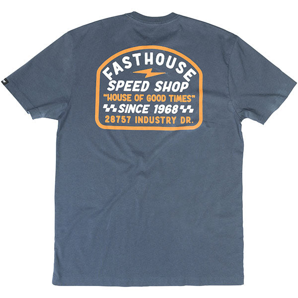 Clean studio shot of Fasthouse Junction Tee; showing tee fit, printed graphics, and crew neckline; SKU 3211680204; Colors: Indigo, Natural; Sizes: S-3XL