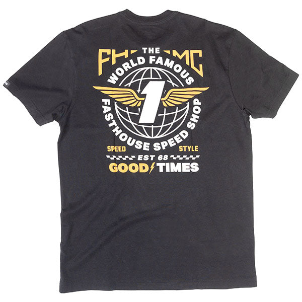 Crisp studio image on a white background of Fasthouse Renown Tee; showing tee fit, printed graphics, and crew neckline; SKU 3211690504; Sizes: S-3XL