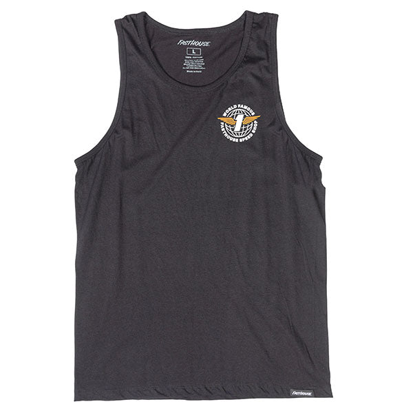 Professional studio photo of Fasthouse Renown Tank; showing sleeveless cut, hem shape, and printed or woven branding; SKU 32116950; Colors: Black