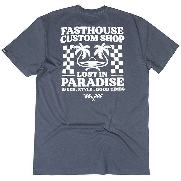 Professional studio photo of Fasthouse Getaway Tee; showing tee fit, printed graphics, and crew neckline; SKU 3211600204; Colors: Indigo, Black, White