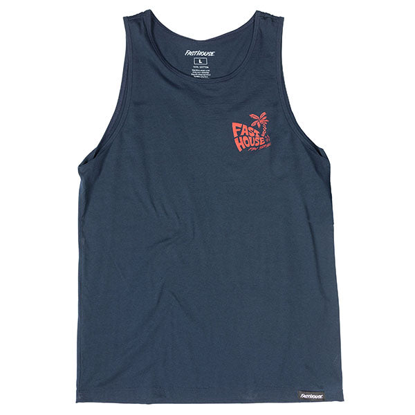 High-resolution studio image of Fasthouse Explorer Tank; showing sleeveless cut, hem shape, and printed or woven branding; SKU 32114820; Colors: Navy
