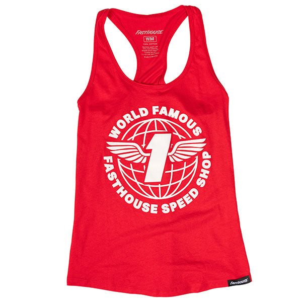 Professional studio photo of Fasthouse Renown Tank (Womens); showing sleeveless cut, hem shape, and printed or woven branding; SKU 32116901; Colors: Red