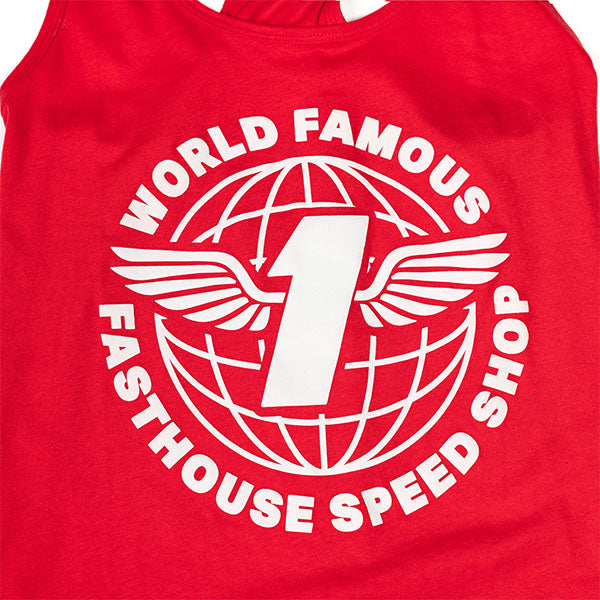 Studio photo on a white background of Fasthouse Renown Tank (Womens); showing sleeveless cut, hem shape, and printed or woven branding; SKU 32116901