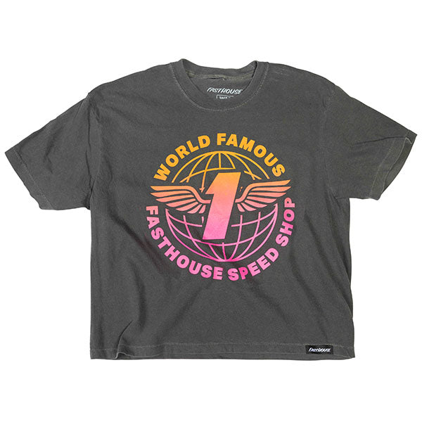 Clean studio shot of Fasthouse Renown Crop Tee (Womens); showing tee fit, printed graphics, and crew neckline; SKU 32116905; Colors: Pepper; Sizes: S-2XL