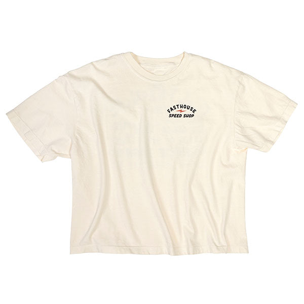 Clean studio shot of Fasthouse Junction Crop Tee (Womens); showing tee fit, printed graphics, and crew neckline; SKU 32116890; Colors: Ivory