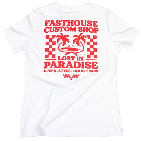 Crisp studio image on a white background of Fasthouse Getaway Tee (Womens); showing tee fit, printed graphics, and crew neckline; SKU 32116009