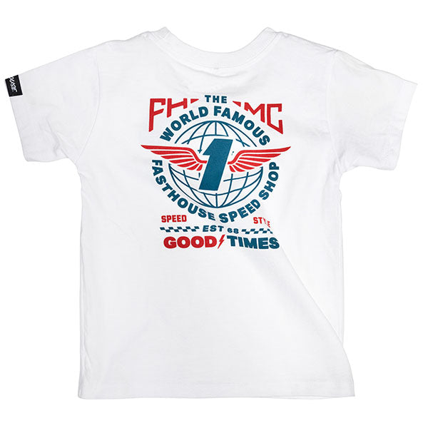 Crisp studio image on a white background of Fasthouse Renown Tee (Toddler); showing tee fit, printed graphics, and crew neckline; SKU 32116990