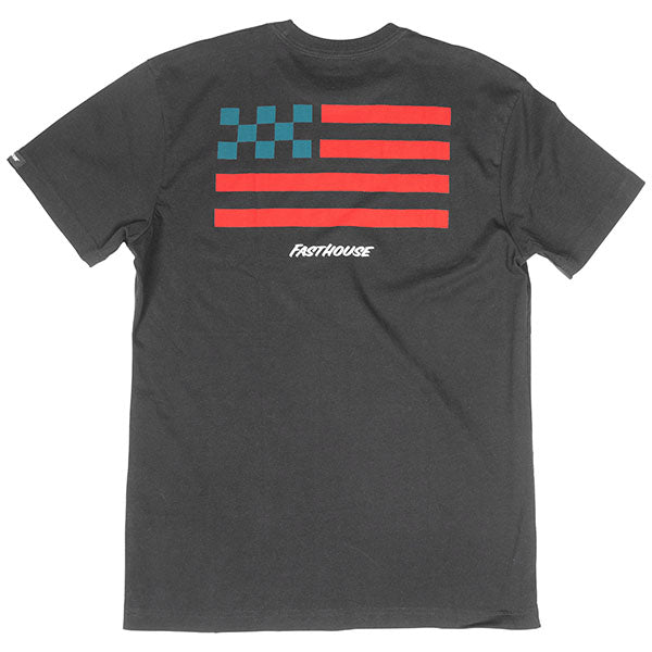 High-resolution studio image of Fasthouse Liberty Tee; showing tee fit, printed graphics, and crew neckline; SKU 3211620504; Colors: Black, White