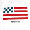 Studio photo on a white background of Fasthouse Liberty Tee; showing tee fit, printed graphics, and crew neckline; SKU 3211620504; Colors: Black, White