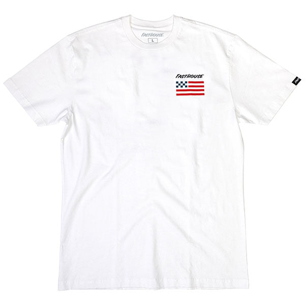 Clean studio shot of Fasthouse Liberty Tee; showing tee fit, printed graphics, and crew neckline; SKU 3211620504; Colors: Black, White; Sizes: S-3XL