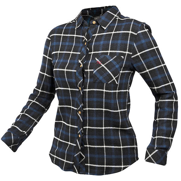 Clean studio shot of Fasthouse Honey Flannel (Womens); showing flannel shirt fit, button front, and plaid pattern; SKU 32381130; Colors: Blue/Black