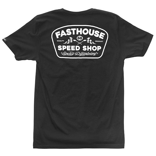 Studio photo on a white background of Fasthouse Wedged Tee; showing tee fit, printed graphics, and crew neckline; SKU 3210000504; Sizes: S-3XL
