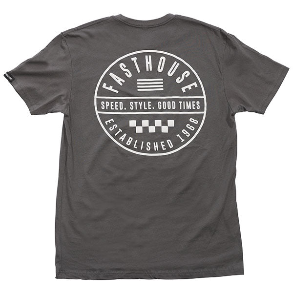 Professional studio photo of Fasthouse Statement Tee; showing tee fit, printed graphics, and crew neckline; SKU 3210137004; Sizes: S-3XL