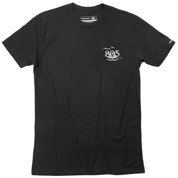 Clean studio shot of Fasthouse 805 Dawn Patrol T-Shirt; showing tee fit, printed graphics, and crew neckline; SKU 32180200; Colors: Black; Sizes: S-3XL