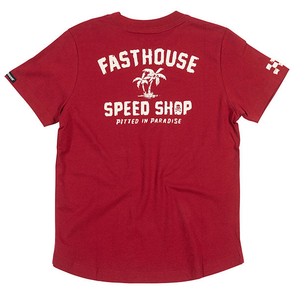 Studio photo on a white background of Fasthouse Alkyd Tee (Youth); showing tee fit, printed graphics, and crew neckline; SKU 32190007; Colors: Cardinal
