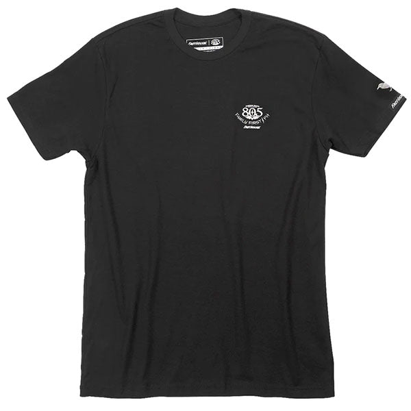High-resolution studio image of Fasthouse 805 Family First T-Shirt; showing tee fit, printed graphics, and crew neckline; SKU 32180100; Colors: Black