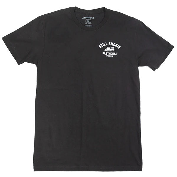 Studio photo on a white background of Fasthouse Smoke & Octane Tee; showing tee fit, printed graphics, and crew neckline; SKU 32191800; Colors: Black