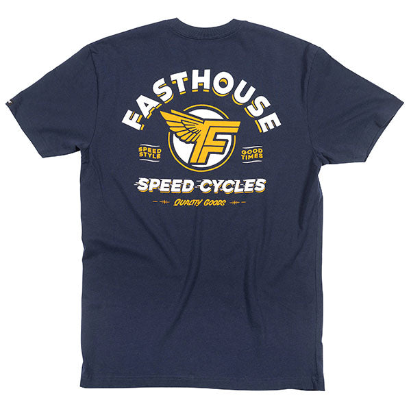 Professional studio photo of Fasthouse Malen Tee; showing tee fit, printed graphics, and crew neckline; SKU 3210113004; Colors: Navy, Black, White