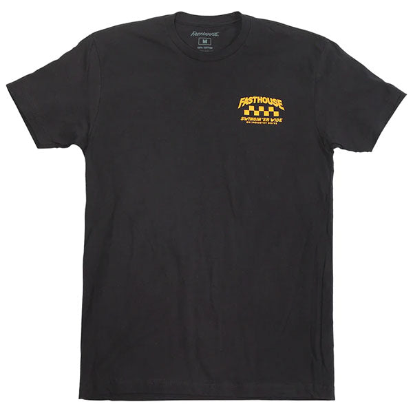 Clean studio shot of Fasthouse Tracker Tee; showing tee fit, printed graphics, and crew neckline; SKU 3219140004; Colors: Black, White; Sizes: S-3XL