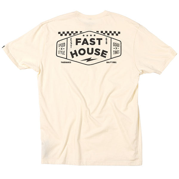 Studio photo on a white background of Fasthouse Station Tee; showing tee fit, printed graphics, and crew neckline; SKU 3210126004; Colors: Natural, Black