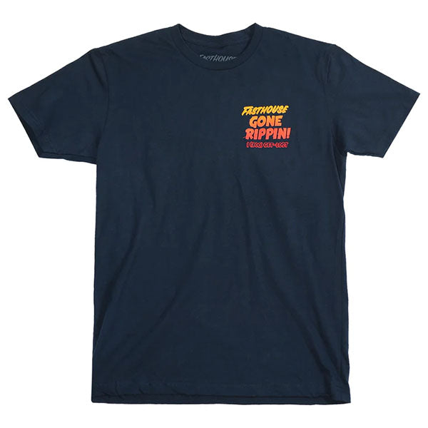 Professional studio photo of Fasthouse Gone Rippin Tee; showing tee fit, printed graphics, and crew neckline; SKU 32121930; Colors: Navy; Sizes: S-3XL