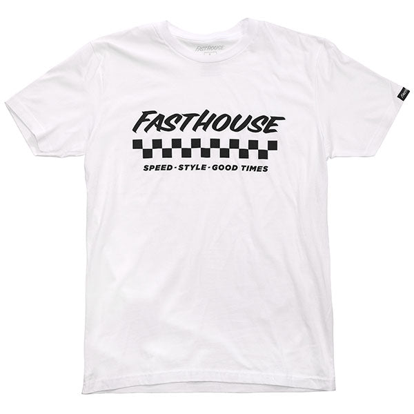 Crisp studio image on a white background of Fasthouse Apex Tee; showing tee fit, printed graphics, and crew neckline; SKU 3210171104; Sizes: S-3XL