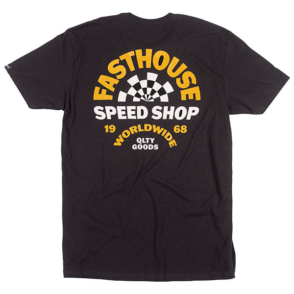 High-resolution studio image of Fasthouse Deco Tee; showing tee fit, printed graphics, and crew neckline; SKU 3210000604; Colors: Black, Natural