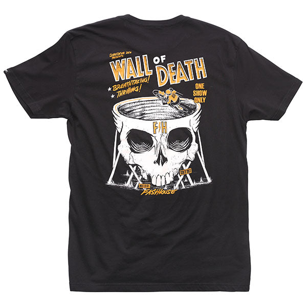 Crisp studio image on a white background of Fasthouse Sideshow Tee; showing tee fit, printed graphics, and crew neckline; SKU 3210000404; Sizes: S-3XL