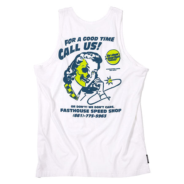 Clean studio shot of Fasthouse Call Us Tank Top; showing sleeveless cut, hem shape, and printed or woven branding; SKU 32120111; Colors: White