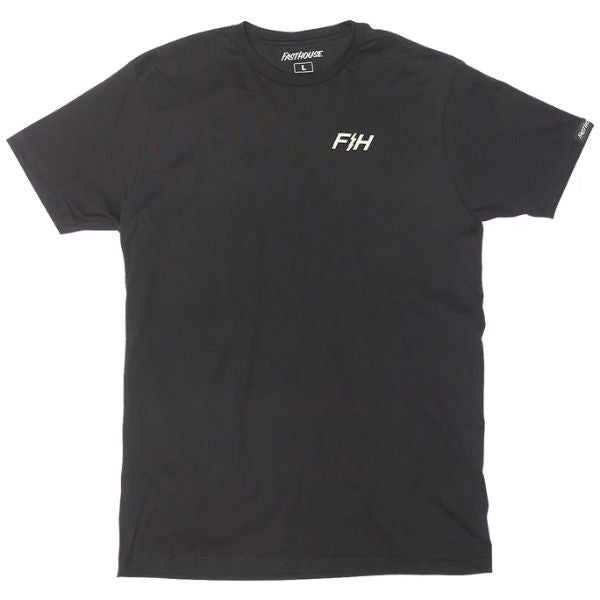 Studio photo on a white background of Fasthouse Ace Tee; showing tee fit, printed graphics, and crew neckline; SKU 32100014; Colors: Black; Sizes: S-3XL