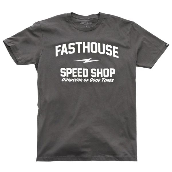 Crisp studio image on a white background of Fasthouse Purveyor Tee; showing tee fit, printed graphics, and crew neckline; SKU 3210187004; Sizes: S-3XL