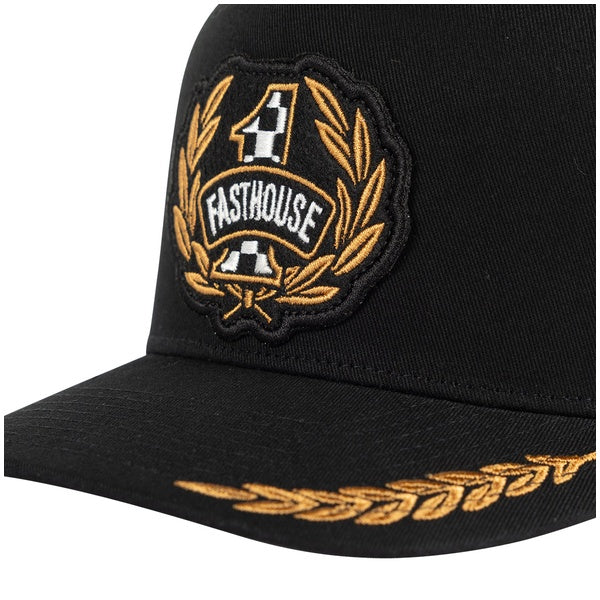 Fasthouse Heroes Oversized Hat in Black, front branding detail