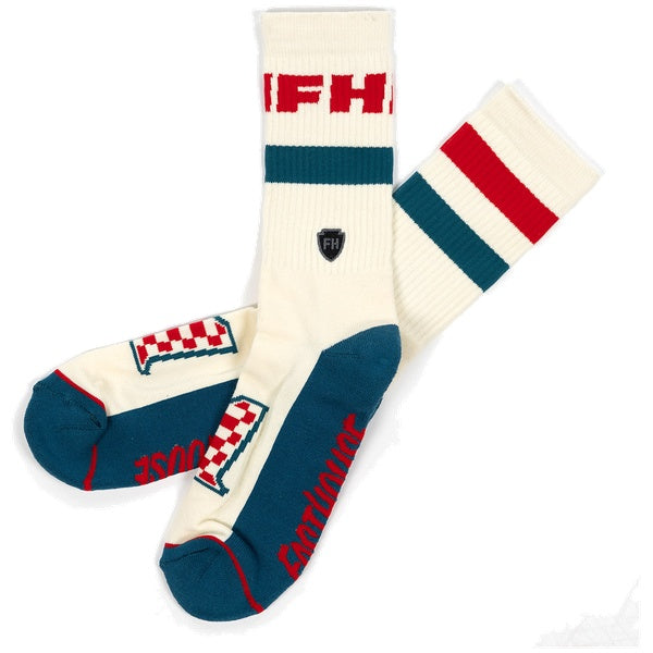 Fasthouse Heroes Crew Socks in Off White/Blue, front view