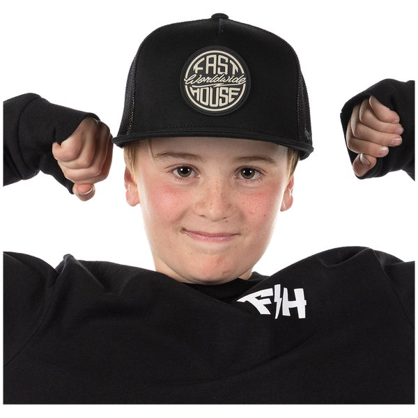 Fasthouse Squall Youth 110 Hat in Black, front branding detail