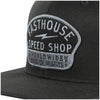 Fasthouse Vault 110 Oversized Hat in Black, front branding detail