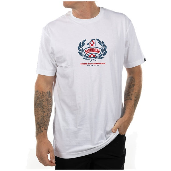 Fasthouse Heroes Tee in White, model wearing front view