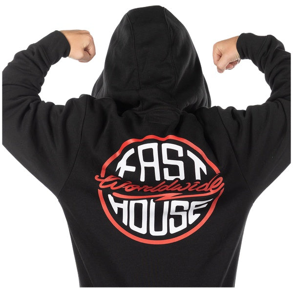 Fasthouse Squall Youth Hooded Zip-Up in Black, model wearing back view