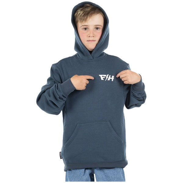 Fasthouse Pillar Youth Hooded Pullover in Indigo, model wearing front view