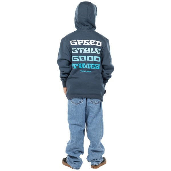 Fasthouse Pillar Youth Hooded Pullover in Indigo, model wearing back view