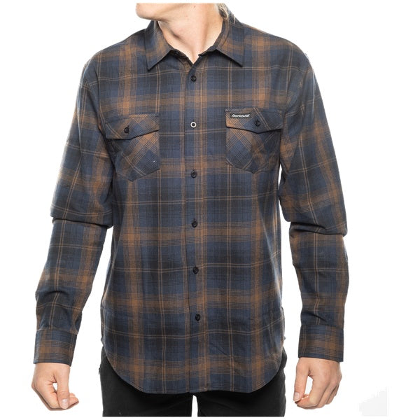 Fasthouse Saturday Night Special Flannel in Navy/Brown, model wearing front view