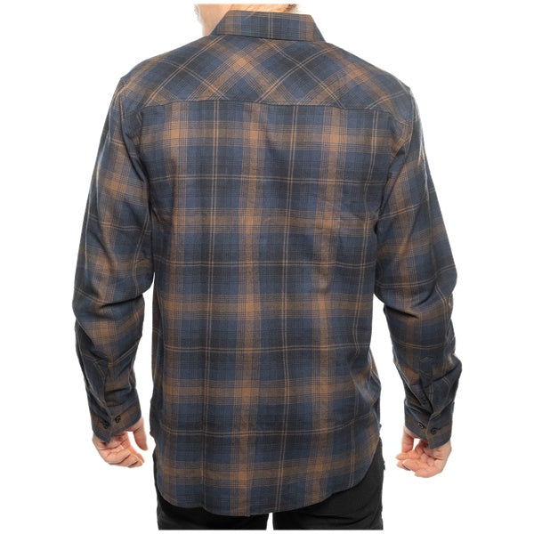 Fasthouse Saturday Night Special Flannel in Navy/Brown, model wearing back view