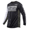 Fasthouse Grindhouse Hudson Jersey (SKU: 3931205904) in Black/White colorway, front view. Features race fit, tapered sleeves, round collar, and sublimated graphics. Lightweight motocross jersey designed for dirt bike, ATV, and UTV riders.