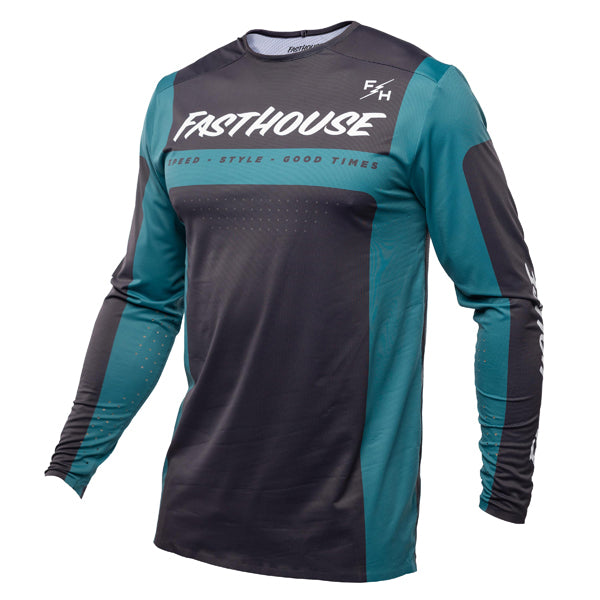 High-resolution studio image of Fasthouse - Helix Monaco Jersey; showing fabric texture, panel layout, and graphics; SKU 3931702504; Sizes: S-3XL