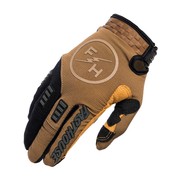 Clean studio shot of Fasthouse - Off-Road Matox Gloves; showing stitching detail and grip areas; SKU 3930408503; Colors: Teak/Black, Black/Gray, Orange